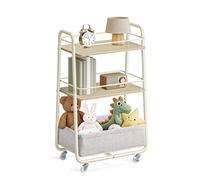 Rolling storage trolley with fabric basket and shelves, Natural Beige + Cream White