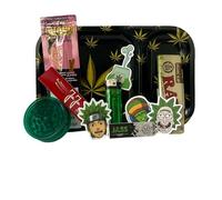 Rolling Tray Black 24 x 15 cm + Grinder + Slim Sheet Case + Slim Sheets + Tips + Lighter + Pouch + 4x Stickers - Gift for Smokers - Smoking Box