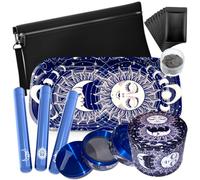 Rolling Tray Bundle Smoking Kit - Extra Large Metal Rolling Tray, Three Aluminium Tubes, Four Piece Metal Grinder, and More - Smokers Accessories (Blue Rolling Tray Kit)