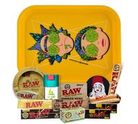 Rolling Tray Rick and Morty Original 27.5 x 17.5 cm + Airtight Tin + Raw Ashtray + Raw Papers KingSize + 5 Metres + Tips + Raw Cones Kingsize + Stickers - Gift for Smokers (Yellow)