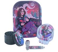 Rolling Tray Set 18 x 14 cm with Glass Ashtray, 50mm Metal Crusher & Metal Tobacco Pipe - Gift Kit for Smokers With Gift Pack For Christmas Fathers Day Her & Him (Gift Set (Design D))