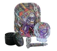 Rolling Tray Set 18 x 14 cm with Glass Ashtray, 50mm Metal Crusher & Metal Tobacco Pipe - Gift Kit for Smokers With Gift Pack For Christmas Fathers Day Her & Him (Gift Set (Design C))