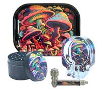 Rolling Tray Set 18 x 14 cm with Glass Ashtray, 50mm Metal Crusher & Metal Tobacco Pipe - Gift Kit for Smokers With Gift Pack For Christmas Fathers Day Her & Him (Gift Set (Design F))