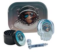 Rolling Tray Set 18 x 14 cm with Glass Ashtray, 50mm Metal Crusher & Metal Tobacco Pipe - Gift Kit for Smokers With Gift Pack For Christmas Fathers Day Her & Him (Gift Set (Design E))