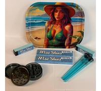 Rolling Tray Set Beach Girl Design Wise Skies Bundle with Metal Tray Blue Papers Filter Tips Storage Tubes and Prep Tool for Rolling Organisation and Gift Set