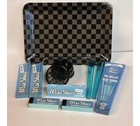 Rolling Tray Set Black Checker Wise Skies Bundle with Metal Tray Blue Cones Rolling Papers Filter Tips and Storage Tubes Gift Set for Rolling Prep and Organisation