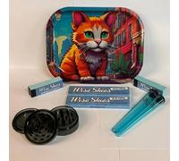 Rolling Tray Set Cartoon Cat Design Wise Skies Bundle with Blue Papers Filter Tips Storage Tubes Prep Tool and Metal Tray for Rolling Kit and Gift Set