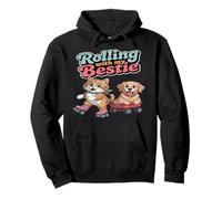 Rolling With My Bestie - Adorable Cat and Dog Duo Retro Pullover Hoodie