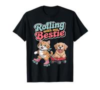 Rolling With My Bestie - Adorable Cat and Dog Duo Retro T-Shirt
