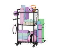 Rolling Yoga Mat Storage Rack with Shelf and Hooks for Dumbbells, Kettlebells, Foam Rollers, Home Gym Organizer on Wheels