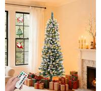 Rollingsurfer 5ft Pre-lit Artificial Christmas Tree, Flocked & Frosted Pencil Slim Christmas Tree Decoration with 160 Warm White Lights, 8 Lighting Modes, 400 Frosted Tips, 25 Pine Cones, Metal Stand