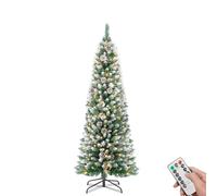 Rollingsurfer 5ft Pre-lit Artificial Christmas Tree, Frosted Pencil Slim Christmas Tree Decoration with 160 Warm White Lights, 8 Lighting Modes, 400 Frosted Tips, 25 Pine Cones, Metal Stand