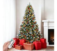 Rollingsurfer 6FT Pre-lit Artificial Christmas Tree with Remote, 847 Branch Tips, 300 Lights, 52 Pine Cones, 52 Red Berries, Metal Stand for Home, Party, Holiday Decoration