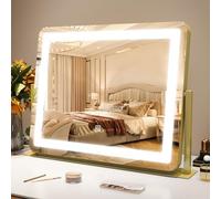 ROLOVE Gold Vanity Mirror with Lights - Smart Touch Dimming, 3-Color Lighting, 360° Rotatable Desktop Makeup Mirror for Desk, 22"x17"