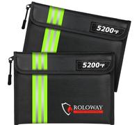 ROLOWAY Fireproof Bag (9.6 x 6.6 inches) 5200℉ Heat Insulated with Reflective Strip, Fireproof Money Bag with Zipper for Cash (2-Pack Black)