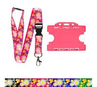 Rolseley Lanyard Neck Strap Daisy Pink Pattern with Metal Clip, Plastic Safety Breakaway + Pink Double-Sided Card Holder