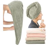 ROLSHOL Extra Large 4 Pack Microfiber Hair Towel Wrap for Women Super Absorbent & Quick Dry Hair Drying Towels with Button, Hair Turbans for Curly Hair Long & Short Hair - Anti-Frizz (green pinstripe)