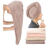 ROLSHOL Extra Large 4 Pack Microfiber Hair Towel Wrap for Women Super Absorbent & Quick Dry Hair Drying Towels with Button, Hair Turbans for Curly Hair Long & Short Hair - Anti-Frizz (Pink Pinstripe)