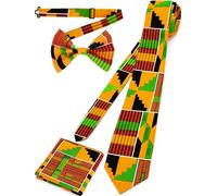 ROLVNHTV 3 Pcs Mens African Ties Pre-Tied Bow and Pocket Square Sets Kente Print Tie African Attire Kwanzaa Black History Month Festivals Gift for Men