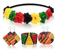 ROLVNHTV 4 Pcs Women African Jewelry Sets Juneteenth Earrings Black History Month Flower Crown Jamaican Wooden Earrings Juneteenth Accessories