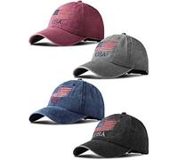 ROLVNHTV 4 Pieces USA Flag Hat American Patriotic Baseball Cap Tactical Hat for Men Adjustable Cotton Dad Hat Women Teens, Wine Red, Navy Blue, Black and Gray, One size