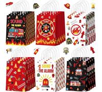 ROLYTA 24 Pcs Fire Truck Goodie Bags with Handles, Firefighter Theme Party Favors for Kids Birthday Party Supplies, Fire Safety Events, Kraft Paper Treat Bags for Candy Gifts