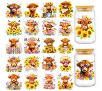 ROLYTA Highland Cow UV DTF Cup Wraps for 16 OZ, 20 Sheets Cup Wraps for Glass Cups, Waterproof Transfer Stickers for DIY Mug, Tumbler, Bottle Decoration, Cute Cartoon Cow Craft Supplies