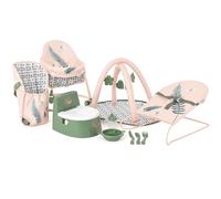 Roma 10 Piece Dolls Accessory Set - 10 Pieces: Baby Walker, Bouncer, Front Carrier, Potty, Feeding Bowl, Cutlery set, Drinking Beaker, Playgym for Dolls 26-45 cm (Fern)