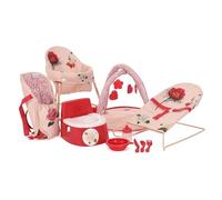 Roma RHS 10 Piece Dolls Accessory Set - Flora: Baby Walker, Bouncer, Front Carrier, Potty, Feeding Bowl, Cutlery set, Drinking Beaker, Playgym for Dolls 26-45 cm