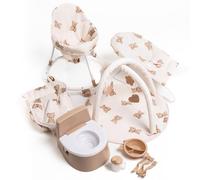 Roma 10 Piece Dolls Accessory Set - 10 Pieces: Baby Walker, Bouncer, Front Carrier, Potty, Feeding Bowl, Cutlery set, Drinking Beaker, Playgym for Dolls 26-45 cm (Teddy)