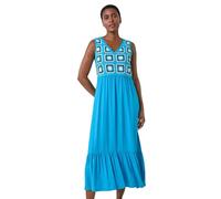 Roma Originals Sleeveless Crochet Fit & Flare Midi Dress for Women UK - Ladies Everyday Holiday Spring Summer V-Neckline Comfy Soft Evening Vacation Work Party - Turquoise - Size 12