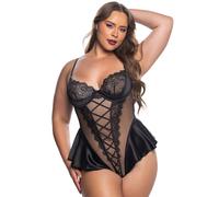 Roma Plus Size Black Cheri Amore Lace and Satin Underwired Teddy - 1X - Black Black