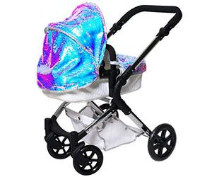 Roma Polly Single Dolls Pram - 2-in-1 Mermaid Dolls Pushchair for 3-9 Years, Lightweight Frame, Adjustable Handle, Carry Cot, Shopping Basket, Coordinating Bag, For Dollys or teddies up to 42cm