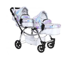 Roma Polly Twin Dolls Pram Mermaid - 2-in-1 Carry Cot/Seat, Reversible Seats, Adjustable 50-88cm Handle, 16 Configurations + Changing Bag