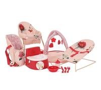 Roma RHS 10 Piece Dolls Accessory Set - Flora: Baby Walker, Bouncer, Front Carrier, Potty, Feeding Bowl, Cutlery set, Drinking Beaker, Playgym for Dolls 26-45 cm