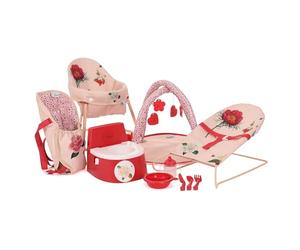 Roma RHS 10 Piece Dolls Accessory Set - Flora: Baby Walker, Bouncer, Front Carrier, Potty, Feeding Bowl, Cutlery set, Drinking Beaker, Playgym for Dolls 26-45 cm