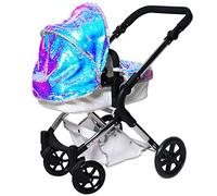 Roma Polly Single Dolls Pram - 2-in-1 Mermaid Dolls Pushchair for 3-9 Years, Lightweight Frame, Adjustable Handle, Carry Cot, Shopping Basket, Coordinating Bag, For Dollys or teddies up to 42cm