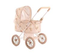 Roma Teddy My First Dolls Pram - Baby Doll Accessories with Teddy Design, Metal Frame, Safety Belt, Fits Dolls Up to 20 Inches, 55cm Handle, Beige, Ages 2+, Sturdy 4-Wheel Design