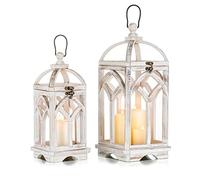 Romadedi Farmhouse Candle Lantern Wooden - 30/40cm Set of 2 Decorative Rustic Wood Candle Holder Home Decor Decoration Wedding Table Centrepiece, Whitewashed