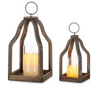 Romadedi Set of 2 Farmhouse Wood Candle Lanterns Decorative, Brown | 8.7" and 11.5" Tall Rustic Wood Candle Holders; Natural Wood Grain; for Fireplace Mantle, Table, Bookshelf, or Porch