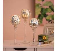 Romadedi Tealight Candle Holder Glass - Mercury Votive Floating Tea Light Holders Tall Decorative Stemmed Set of 3 for Wedding Table Centerpiece Home Room Decor Crackled Silver, 23.5/25.5/31.5cm