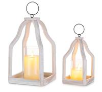 Romadedi Wooden Lantern Set of 2, 8.7" & 11.5" Tall, Whitewashed | Farmhouse Decor with Natural Wood Grain. Ideal for Shelves, Mantles, or Wedding Centerpieces.