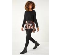 Roman Originals 2 in 1 Abstract Print Chiffon Hem Top for Women UK - Ladies Everyday Autumn Winter Round Neckline Comfy Soft Evening Vacation Work Party Night Out - Black - Size 18