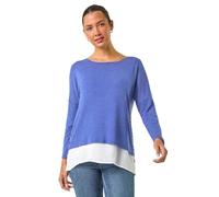 Roman 2 in 1 Contrast Hem Detail Stretch Top for Women UK - Ladies Autumn Everyday Winter Holiday Round Neckline Comfy Long Sleeve Soft Jersey Shirt Office Desk Blouses - Blue - Size 10
