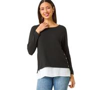 Roman 2 in 1 Contrast Hem Detail Stretch Top for Women UK - Ladies Autumn Everyday Winter Holiday Round Neckline Comfy Long Sleeve Soft Jersey Shirt Office Desk Blouses - Black - Size 20