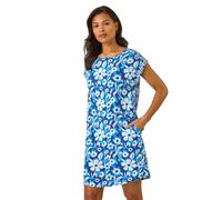 Roman Originals Paisley Print Smocked T-Shirt Dress for Women UK - Ladies Everyday Holiday Spring Summer Round Neckline Comfy Soft Evening Vacation Work Party - Blue Floral - Size 16