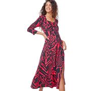 Roman Originals Abstract Animal Print Ruched Midi Dress for Women UK - Ladies Autumn Everyday Winter Holiday Sweetheart Neckline Comfy 3/4 Sleeve Soft Frock Jersey Gowns - Fushcia - Size 10
