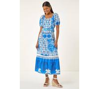 Roman Abstract Border Belted Midi Dress In Royal Royal 18