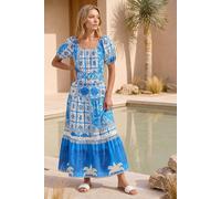 Roman Abstract Border Belted Midi Dress In Royal Royal