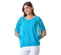 Roman Abstract Check Print Blouson Top for Women UK - Ladies Spring Everyday Summer Holiday Round Neckline Comfy Short Sleeve Soft Inner Vest Blouse Vacation Shirts - Turquoise - Size 12